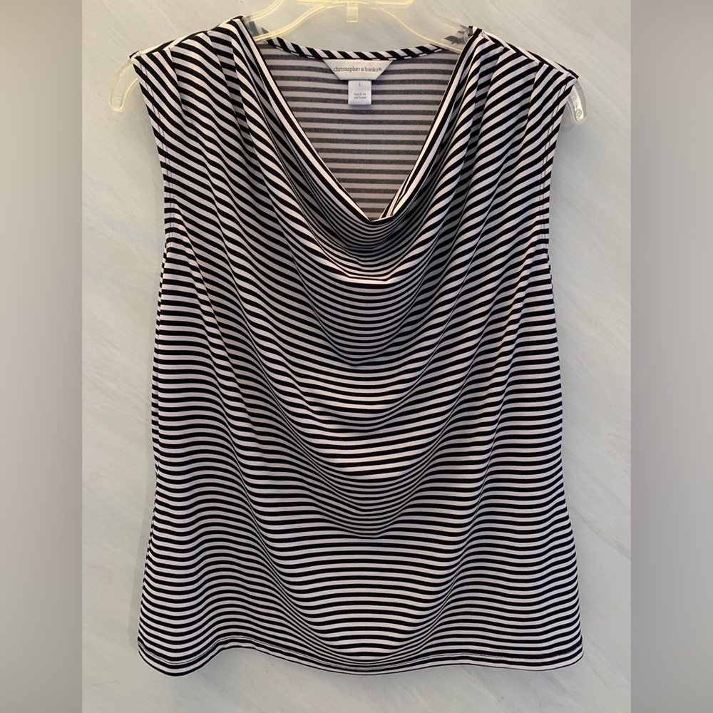 Christopher & Banks L Black & White Draped Neck Sleeveless Blouse Top